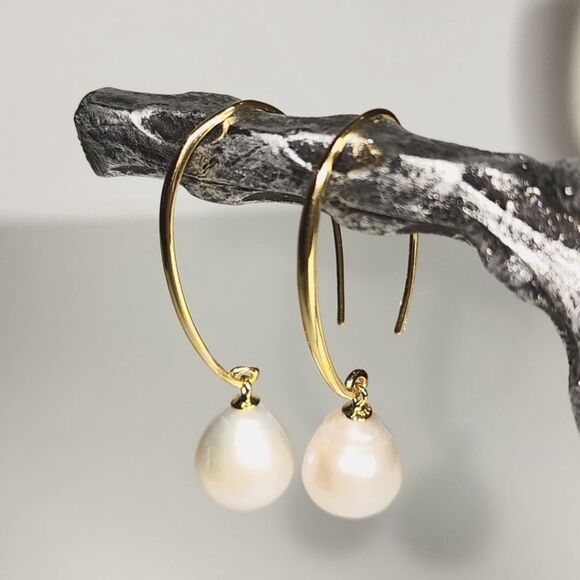 925S Cultured Freshwater Pearl Dangle Threader Hook Earrings Gold Plated - Picture 5 of 14